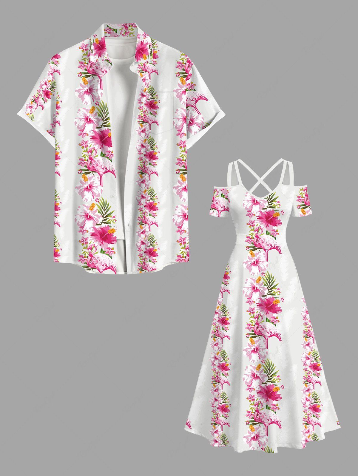 Latest Tropical Leaf Flowers Print Plus Size Matching Hawaii Beach Outfit For Couples  