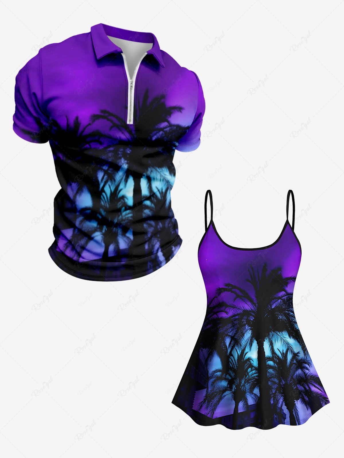 Coconut Tree Tie Dye Ombre Sky Print Plus Size Matching Hawaii Beach Outfit For Couples Pourpre  