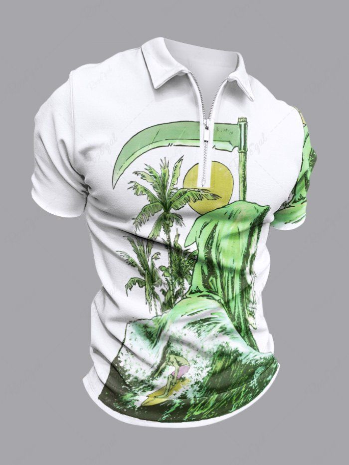 Online Plus Size Skull Sea Wave Surfer Coconut Tree Sun Scythe Print Hawaii Zipper Polo Shirt For Men  