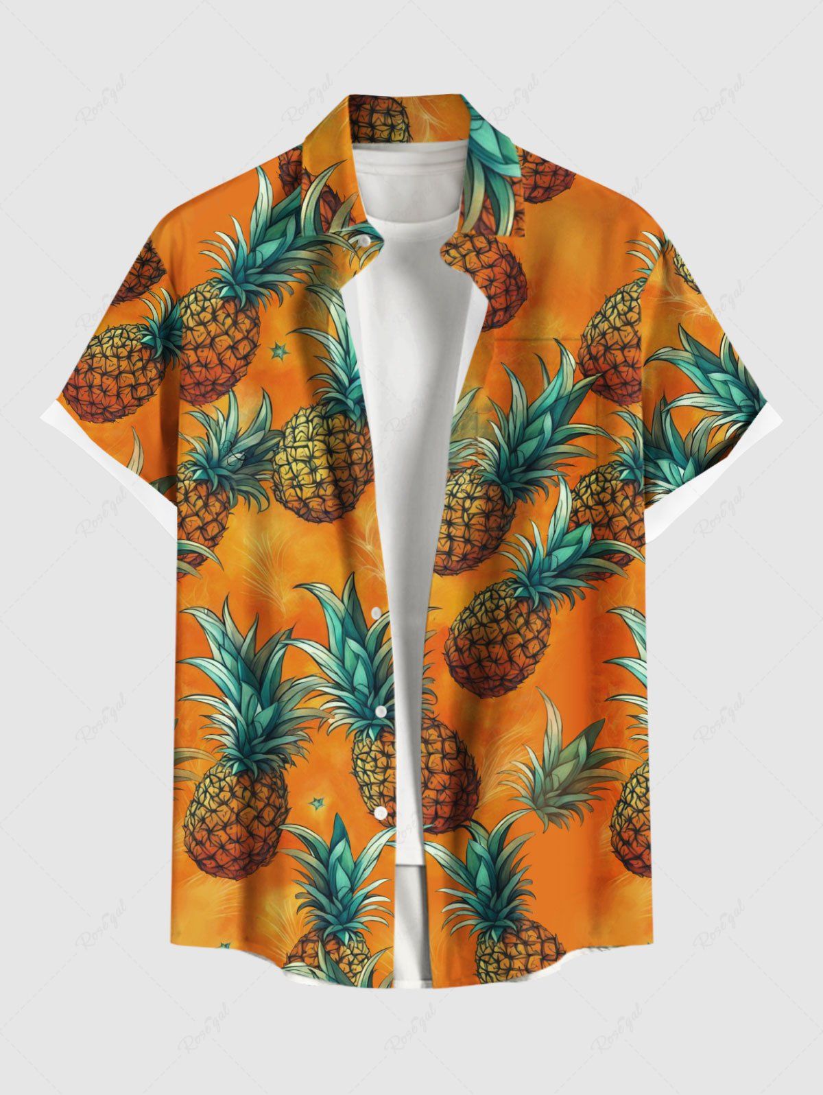 Chemise Ombre à Imprimé Ananas à Boutons Grande Taille avec Poche pour Homme Orange 5XL