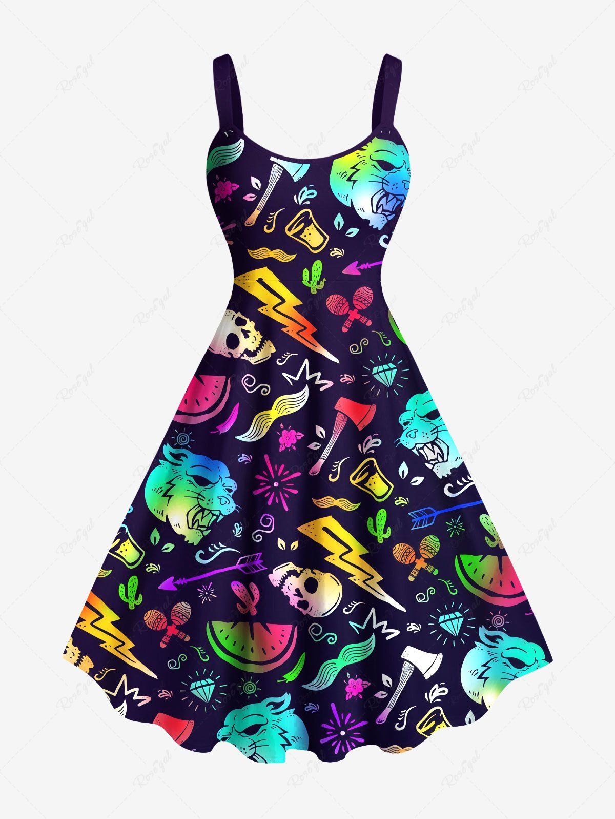 Discount Plus Size Colorful Ombre Monster Skull Watermelon Lightning Cactus Print Hawaii A Line Tank Dress  