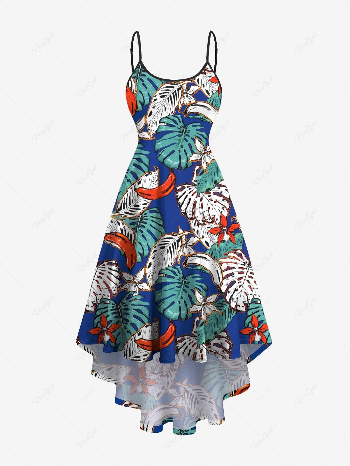 Latest Plus Size Tropical Leaves Floral Banana Print Hawaii High Low Asymmetric Cami Dress  