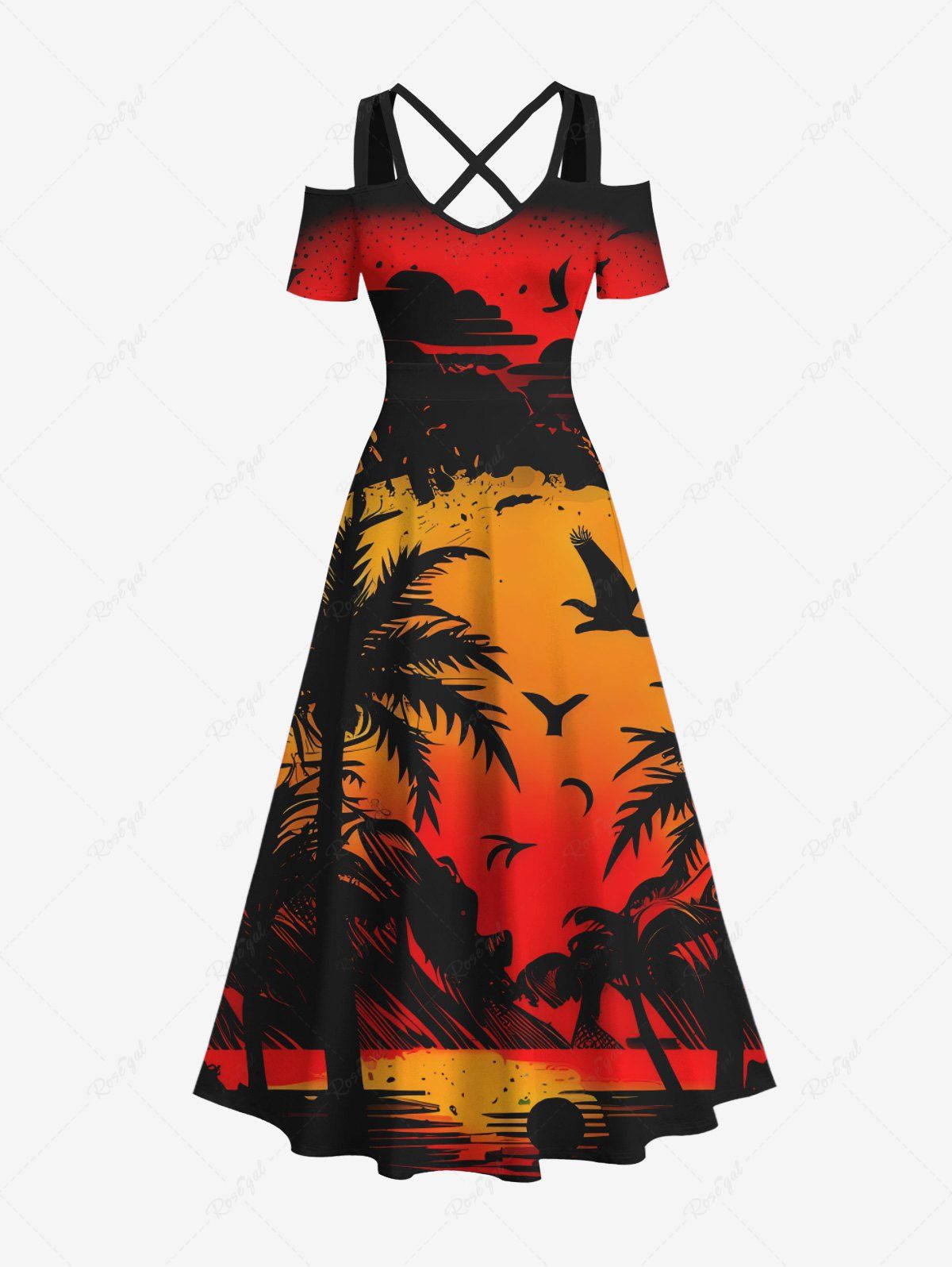 Maxi Robe Hawaïen Ligne A Croisée Ombre Noix de Coco et Oiseau Imprimés de Grande Taille Orange 6X