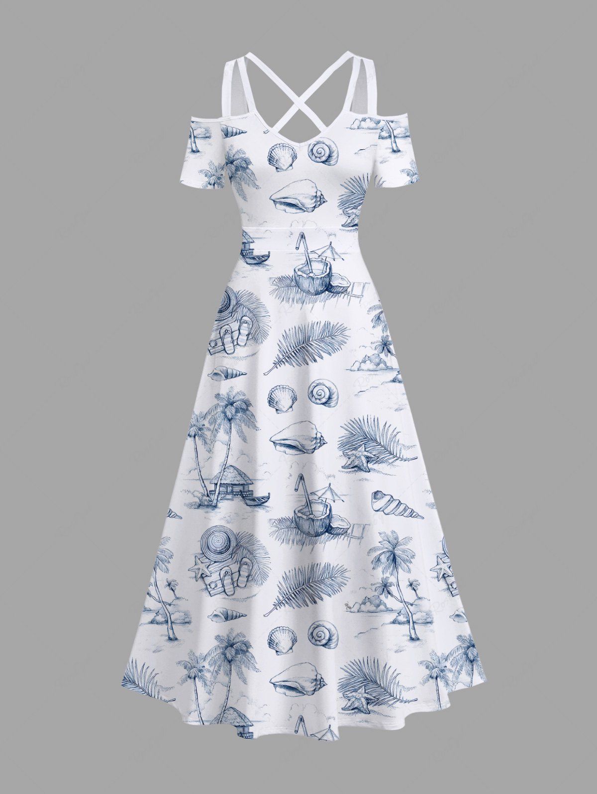 Unique Plus Size Tropical Leaf Starfish Conch Coconut Tree Hand Paint Print Cold Shoulder Crisscross Hawaii Maxi Dress  
