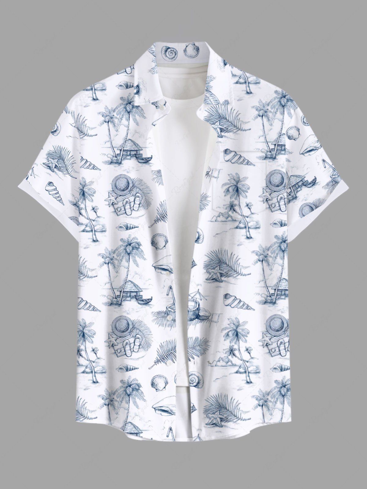 Cheap Plus Size Tropical Leaf Starfish Conch Coconut Tree Hand Paint Print Buttons Pocket Hawaii Shirt For Men  