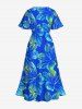 Robe Hawaïen Mi-Longue Fendue Fleur D'Hibiscus et Feuille Tropicale Imprimées de Grande Taille - Bleu Ciel XXS