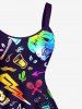 Plus Size Colorful Ombre Monster Skull Watermelon Lightning Cactus Print Hawaii A Line Tank Dress - Bleu L