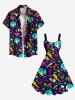 Plus Size Colorful Ombre Monster Skull Watermelon Lightning Cactus Print Hawaii A Line Tank Dress - Bleu L