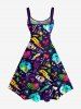 Plus Size Colorful Ombre Monster Skull Watermelon Lightning Cactus Print Hawaii A Line Tank Dress - Bleu 1X