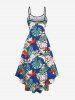 Robe Asymétrique à Bretelle Haute Basse Feuille Tropicale Imprimée de Grande Taille - Bleu S