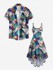 Robe Asymétrique à Bretelle Haute Basse Feuille Tropicale Imprimée de Grande Taille - Bleu S