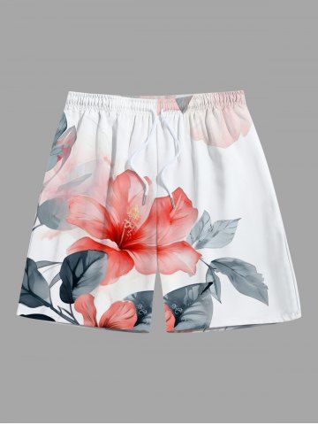 Plus Size Tropical Flower Leaf Print Hawaii Beach Shorts For Men - WHITE - M