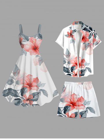 Tropical Flower Leaf Print Plus Size Matching Hawaii Beach Outfit For Couples