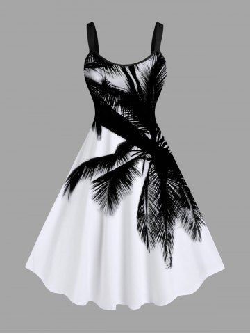 Plus Size Coconut Tree Two Tone Print Hawaii A Line Tank Dress - WHITE - M