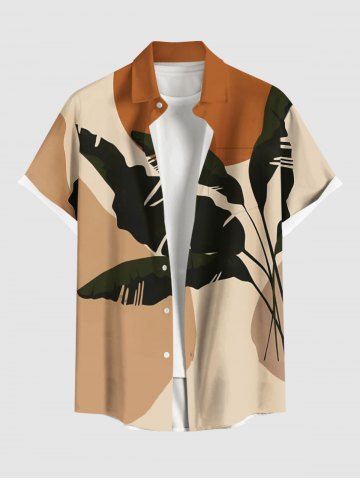 Plus Size Tropical Leaves Colorblock Print Hawaii Button Pocket Shirt For Men