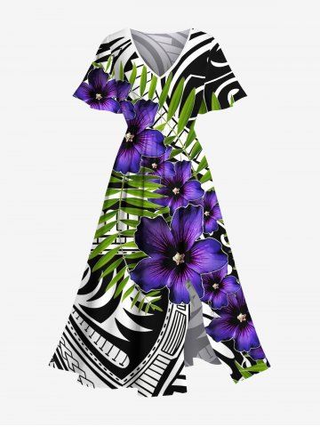 Plus Size Tropical Leaves Floral Ethnic Graphic Print Hawaii Split Pocket A Line Midi Dress - PURPLE - L