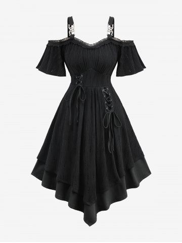 Plus Size Pointelle Hollow Out Jacquard Lace Up Peplum Hem Solid Layered Cold Shoulder Casual Dress - BLACK - 2X | US 18-20