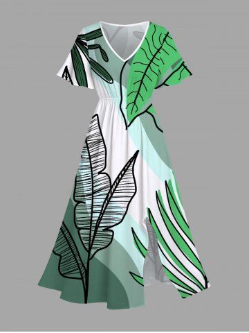 Plus Size Tropical Leaf Ombre Colorblock Print Hawaii Split Pocket A Line Midi Dress - GREEN - S