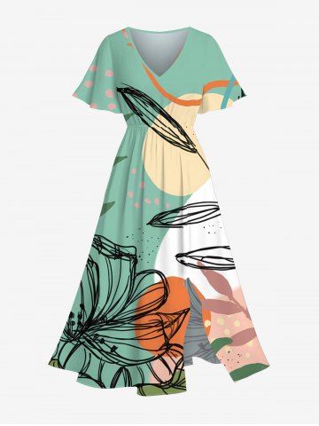 Plus Size Flower Tropical Leaf Sun Colorblock Print Hawaii Split Pocket A Line Midi Dress - GREEN - 5X