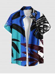 Chemise Décontractée Boutonnée Feuille Tropicale Imprimée en Blocs de Couleurs Grande Taille avec Poche - Bleu 4XL