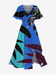 Robe Mi-Longue Tunique Feuille Tropicale en Blocs de Couleurs Ligne A de Grande Taille avec Poche - Bleu 6X