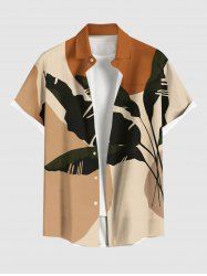 Plus Size Tropical Leaves Colorblock Print Hawaii Button Pocket Shirt For Men -  