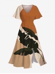 Robe Mi-Longue Feuille Tropicale en Blocs de Couleurs Ligne A Fendue de Grande Taille avec Poche - café S