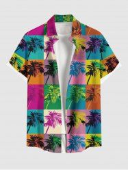 Plus Size Pop Style Coconut Tree Colorful Colorblock Print Hawaii Button Pocket Shirt For Men -  
