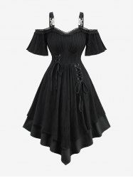Plus Size Pointelle Hollow Out Jacquard Lace Up Peplum Hem Solid Layered Cold Shoulder Casual Dress -  
