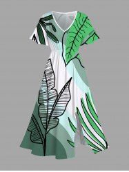 Plus Size Tropical Leaf Ombre Colorblock Print Hawaii Split Pocket A Line Midi Dress -  