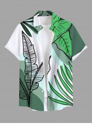 Plus Size Tropical Leaves Ombre Colorblock Print Hawaii Button Pocket Shirt For Men -  