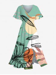 Plus Size Flower Tropical Leaf Sun Colorblock Print Hawaii Split Pocket A Line Midi Dress -  