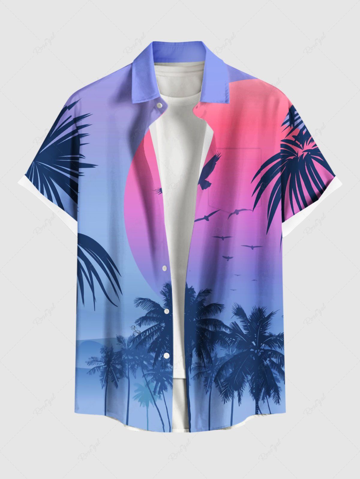 Outfit Plus Size Coconut Tree Sun Ombre Print Buttons Pocket Hawaii Shirt For Men  