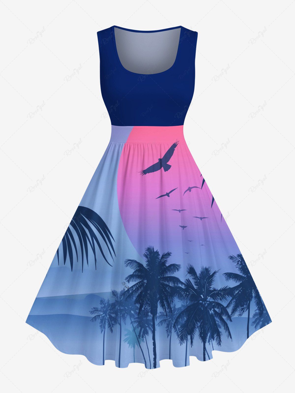 Latest Plus Size Coconut Tree Sun Ombre Print Hawaii 1950s Vintage Dress  