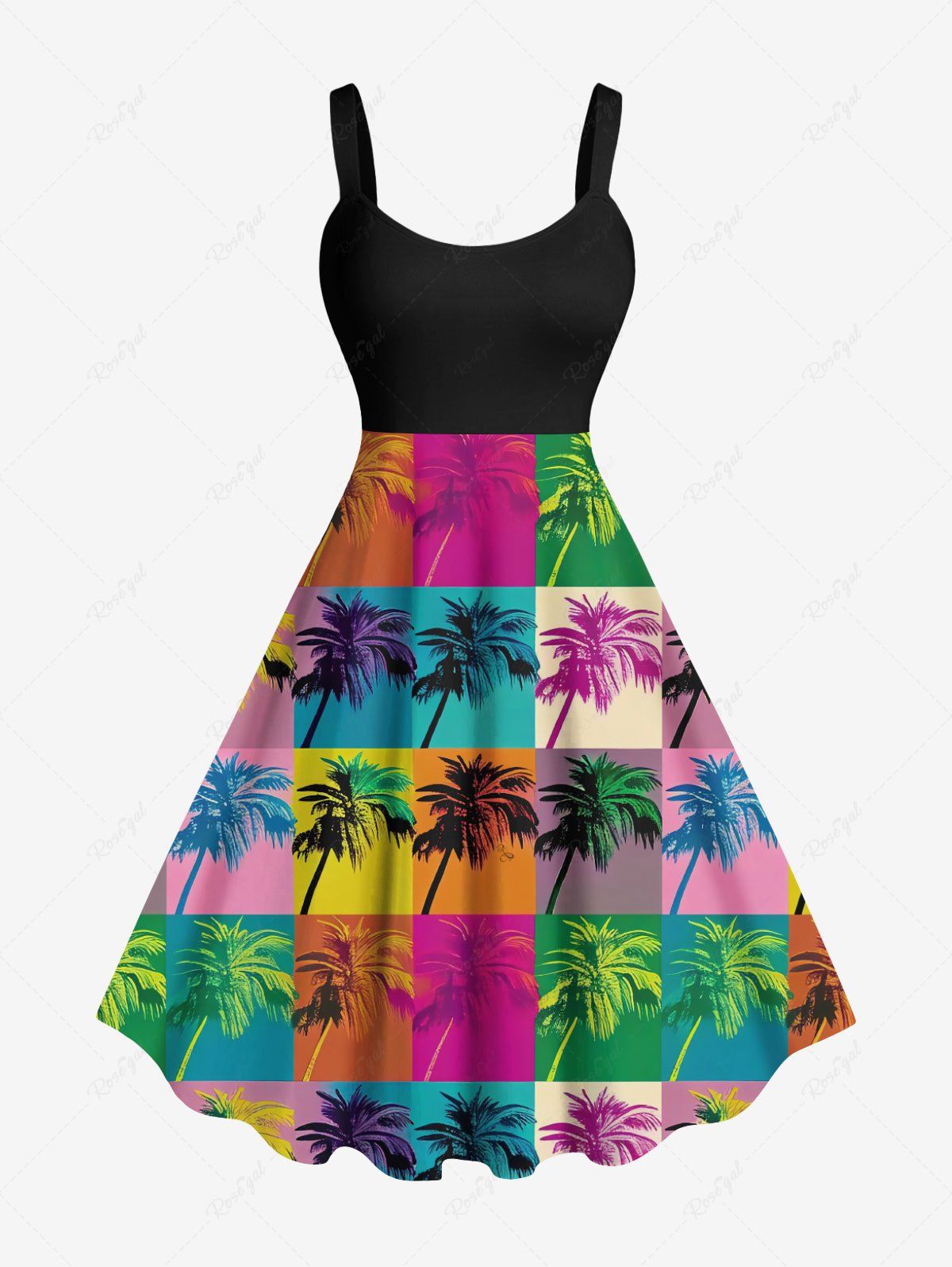 Robe Enveloppante Imprimée Cocotier Colorée Grande Taille Style Hawaiien Noir 6X