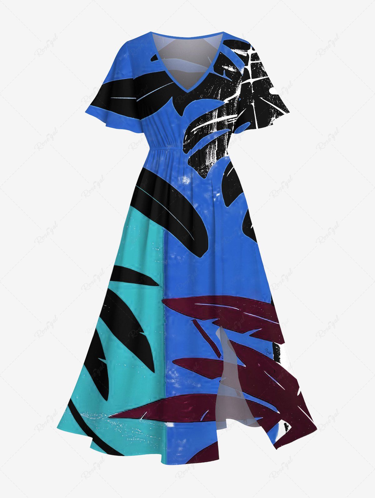 Robe Mi-Longue Tunique Feuille Tropicale en Blocs de Couleurs Ligne A de Grande Taille avec Poche Bleu 6X