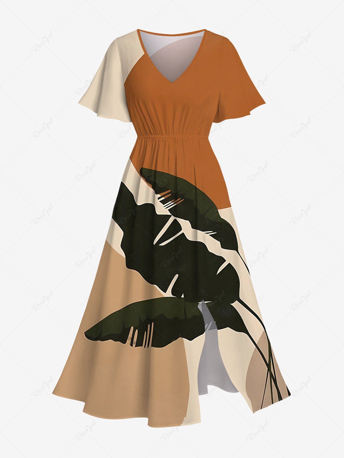 Robe Mi-Longue Feuille Tropicale en Blocs de Couleurs Ligne A Fendue de Grande Taille avec Poche café 6X