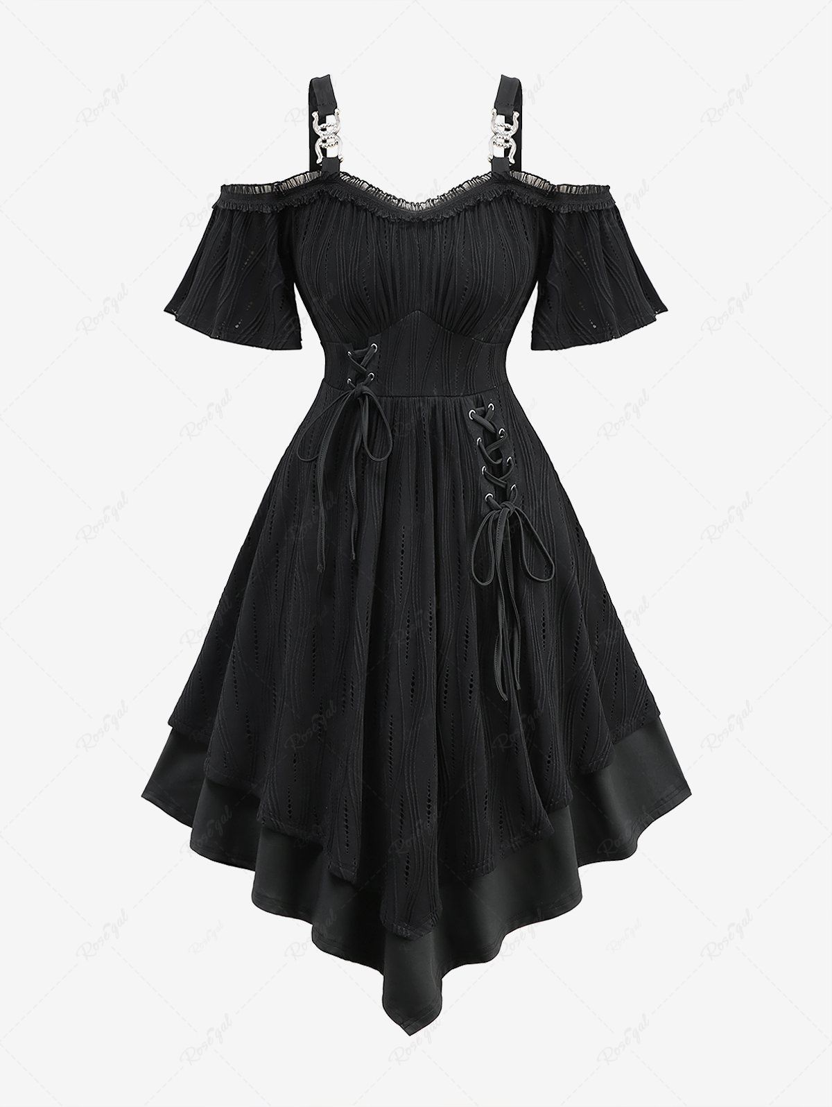 Online Plus Size Pointelle Hollow Out Jacquard Lace Up Peplum Hem Solid Layered Cold Shoulder Casual Dress  