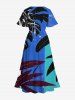 Robe Mi-Longue Tunique Feuille Tropicale en Blocs de Couleurs Ligne A de Grande Taille avec Poche - Bleu S