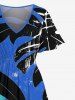 Plus Size Tropical Leaves Painting Colorblock Print Hawaii Split Pocket A Line Midi Dress -  