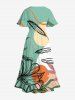 Plus Size Flower Tropical Leaf Sun Colorblock Print Hawaii Split Pocket A Line Midi Dress -  