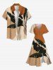 Robe Mi-Longue Feuille Tropicale en Blocs de Couleurs Ligne A Fendue de Grande Taille avec Poche - café S