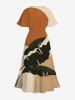Robe Mi-Longue Feuille Tropicale en Blocs de Couleurs Ligne A Fendue de Grande Taille avec Poche - café 6X