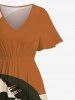 Robe Mi-Longue Feuille Tropicale en Blocs de Couleurs Ligne A Fendue de Grande Taille avec Poche - café 6X