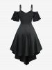 Plus Size Pointelle Hollow Out Jacquard Lace Up Peplum Hem Solid Layered Cold Shoulder Casual Dress -  