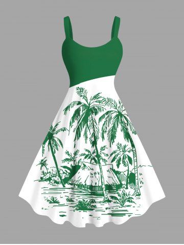 Plus Size Colorblock Coconut Tree Seascape Print Hawaii Tank Dress - GREEN - 4X