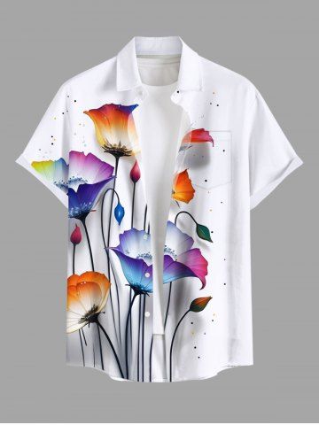 Chemise Décontractée Boutonnée Peinture D'Encre Eclaboussée Fleurie Imprimée avec Poche de Grande Taille pour Homme
