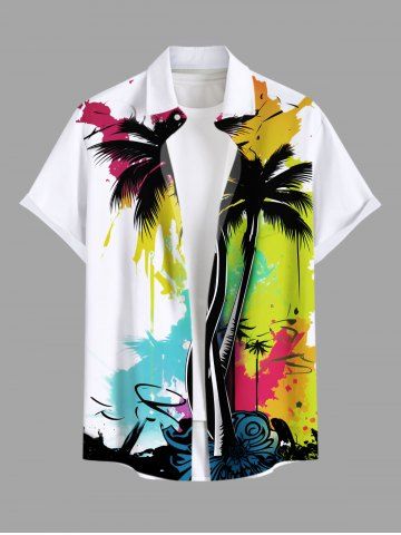 Plus Size Coconut Tree Painting Graffiti Print Hawaii Button Pocket Shirt For Men