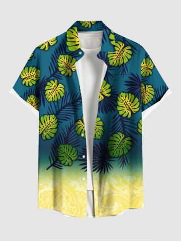 Plus Size Tropical Leaves Dip Dye Ombre Print Hawaii Button Pocket Shirt For Men
