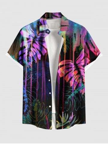 Plus Size Colorful Tropical Leaf Print Buttons Pocket Hawaii Shirt For Men
